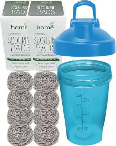 Long Lasting Wool Scrub(Box of 8 Buds),Rust Free Scouring Pads,Made of High Grade Stainless Steel for Multi-Purpose Heavy-Duty Tough Cleaning,Plus A Small Protein Shaker Bottle 12 Oz All in Blue