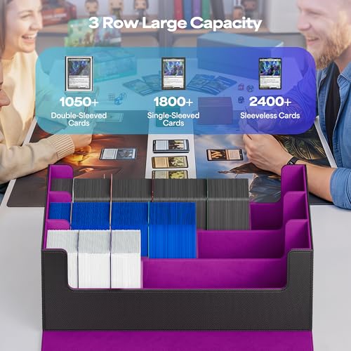 Image of UAONO Trading Card Storage Box, Holds 1800 Sleeved Cards with 10 Dividers & 3 Stoppers, Magnetic Closure PU Leather Card Case for MTG, PTCG, YGO, Sports Cards (Black&Purple)