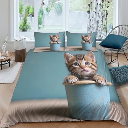 Housse de couette chaton mignon 3D en microfibre 200x200 pour lit double