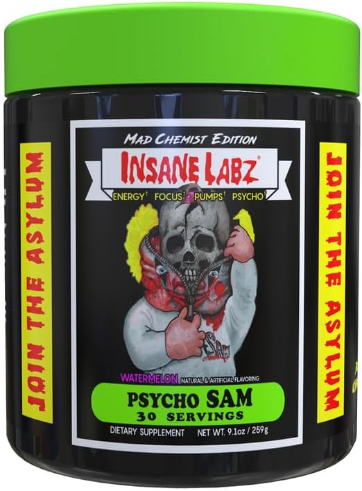 Insane Labz Psycho Sam, High Stimulant Pre Workout Powder, 30 Srvgs (30 Servings (Pack of 1), Watermelon