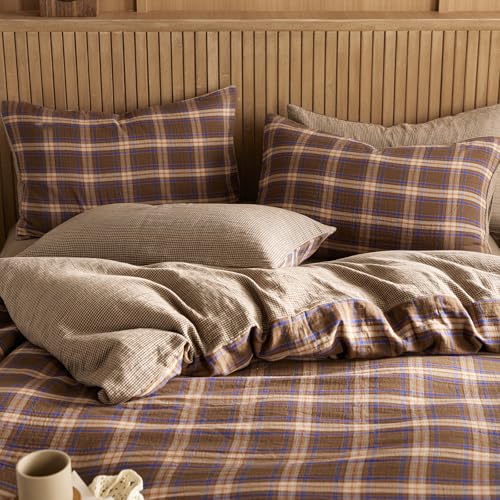 Image of EAVD Vintage Style Brown&Blue Plaid Duvet Cover Full Soft 100% Muslin Cotton Brown Green Blue Grid Checkered Plaid Bedding Set with 2 Pillowcases Reversible Gingham Duvet Cover with Zipper