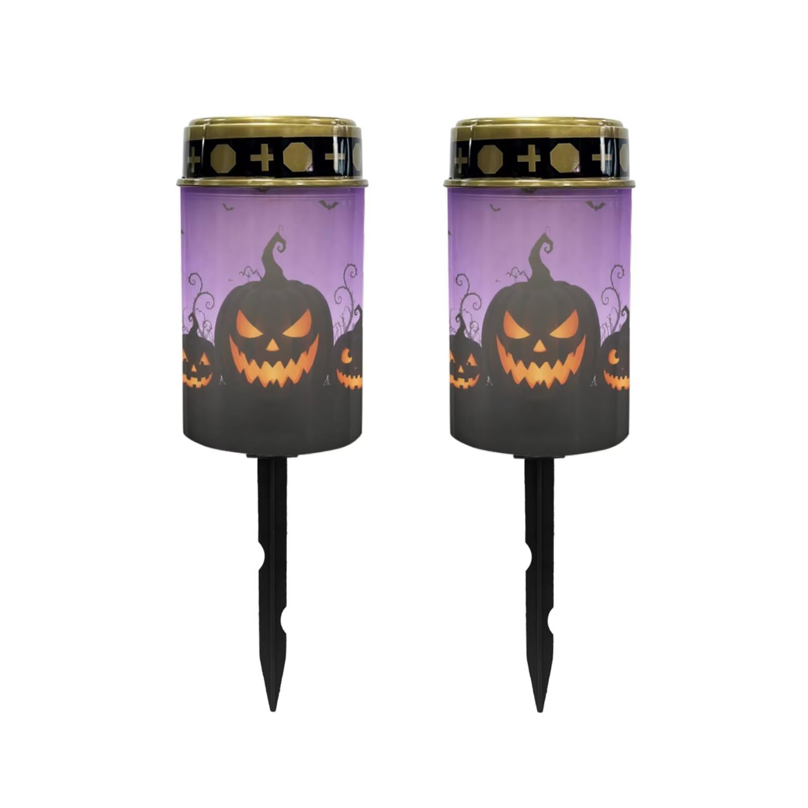 Poceacles Outdoor Solar Powered Cemetery Lights Grave Outdoor Stake Lights Garden Solar Lantern Flameless Candles Halloween Garden Decoration, Pumpkin Bat Print Violet, Pack of 2
