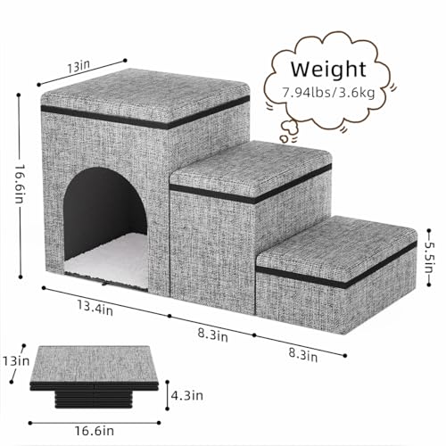 Dog Stairs with Storage, 3-Step Wider Dog Steps with Condo for Dogs and Cats, Pet Stairs for High Bed Climbing, Grey - Image 6