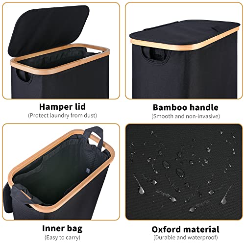 Iegrow 60L Slim Laundry Hamper With Lid,Black Hampers For Laundry,Narrow Laundry Basket With Removable Inner Bag & Bamboo Handles,Tall Thin Clothes Hamper For Clothes Toys Towels Organization #TOP2
