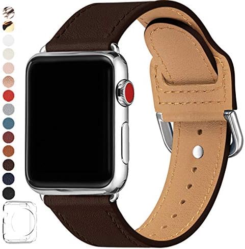 POWER PRIMACY Bands Compatible with Apple Watch Band 38mm 40mm 42mm 44mm, Top Grain Leather Smart Watch Strap Compatible for Men Women iWatch Series 6 5 4 3 2 1,SE (Coffee/Silver, 42mm 44mm)