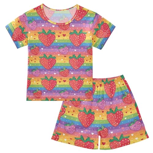 ALAZA Rainbow Strawberry and Hearts Pajama Set Short Sleeve Sleepwear Soft Lounge Nightwear
