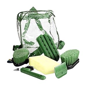 HORZE Backpack Easy-Carry Horse Grooming Set with Six Soft Grip Grooming Tools – Dark Green – One Size