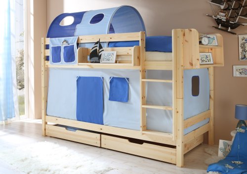 Etagenbett Doppelbett Marcel Kiefer massiv Natur, Vorhangstoff:Hellblau Dunkelblau