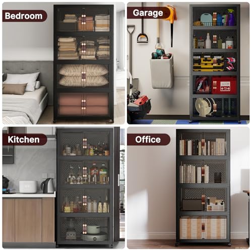 Image of UAMFURI Stackable Storage Bins with Lids, 1440QT Lockable Storage Cabinet | Folding Storage Box with Doors and Wheels, Collapsible Plastic Drawers for Home, Garage, Office