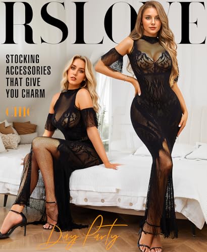 RSLOVE Women Lingerie Sexy Dress - Lace Mesh Sleepwear Maxi Nightgown Exotic Sheer Long Bridal Chemise with Detachable Sleeve2