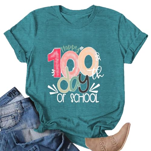 Image of 100th Day of School Shirt for Women Teacher Graphic T-Shirt Funny Teach Short Sleeve Tee Tops