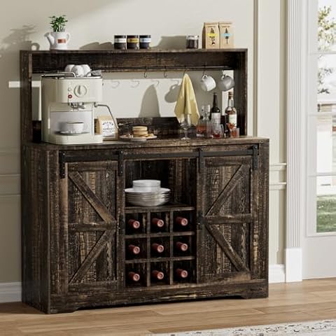EOYUTLLY Coffee Bar Cabinet with Storage,47" Farmhouse Kitchen Buffet Sideboard with Sliding Barn Door and Adjustable Shelves,Liquor Cabinet Bar for Home,Dining Living Room, Dark Rustic Oak Cover