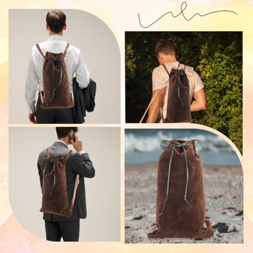 Image of GORGECRAFT Medieval Backpack Drawstring Fibre Bag with PU Leather Straps and Alloy Clasps Portable Pouch for Viking LARP Renaissance Outdoor Activities Cosplay Gym Workout Saddle Brown 18x10.8 inch