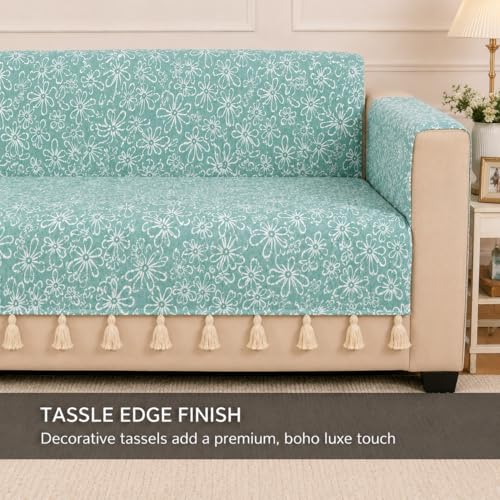 Image of STITCHNEST 'Verdant Phool Stories' 2 Seater Sofa Cover | Full Coverage with Armrest Pockets | Elegant Jacquard Fabric, Decorative Tassels, Washable & Durable for Modern Living