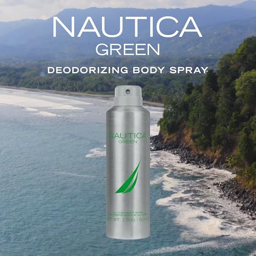 Image of Nautica Color Green Deodorizing Body Spray for Men, Woody Fougere Fragrance, Notes of Ginger, Geranium and Vetiver, 6.0oz