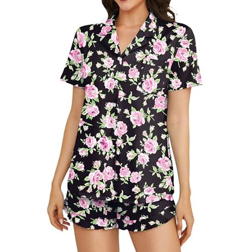 Marvmys Women Short Sleeve Pajamas Set Button Down 2 Piece Pjs Shorts Set Ruffle Lounge Set Sleepwears S-XXL Black and Pink Flower Medium