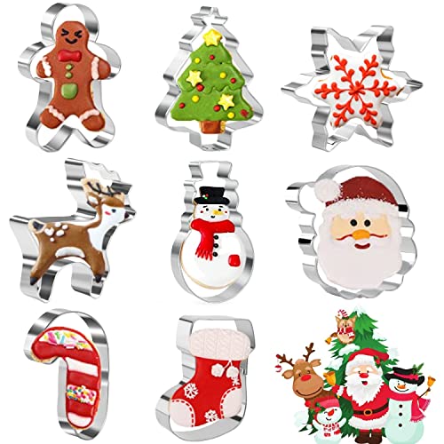Keepaty Ensemble d'emporte-pièces de Noël - 8 emporte-pièces en acier inoxydable Bonhomme en pain d'épice, arbre de Noël, flocon de neige, bonhomme de neige, renne et plus pour la cuisson Cover