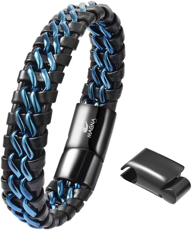 Men's Braided Genuine Leather Link Steel Chain Bracelet - Image 2