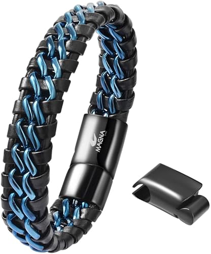 Miniatura 2 de Pulsera trenzada de cadena de acero con eslabones de cuero genuino para hombre