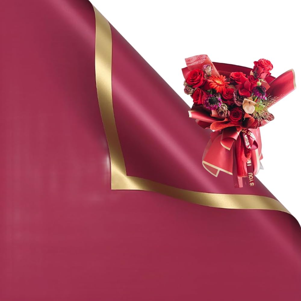 Corkwaw 20 Pcs Gold Edge Red Flower Wrapping Paper,Waterproof Valentine's Day Bouquet Wrapping Paper 23x23Inch Used for DIY Crafts,Gift Packaging,Flower Shop Bouquet Packaging