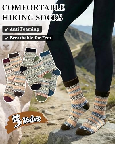 Image of Loritta Wool Socks for Women, Winter Warm Hiking Boot Socks Gifts | Classic Cozy Crew, Vintage Knit, Soft Thick House Socks, Outdoor, Christmas Gift, Stocking Stuffers for Mom Grandma Wife