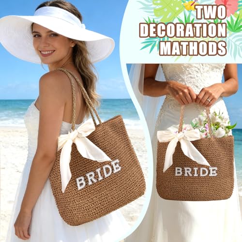 Bolso de playa tejido a mano estilo boho con lazo de seda miniatura 2
