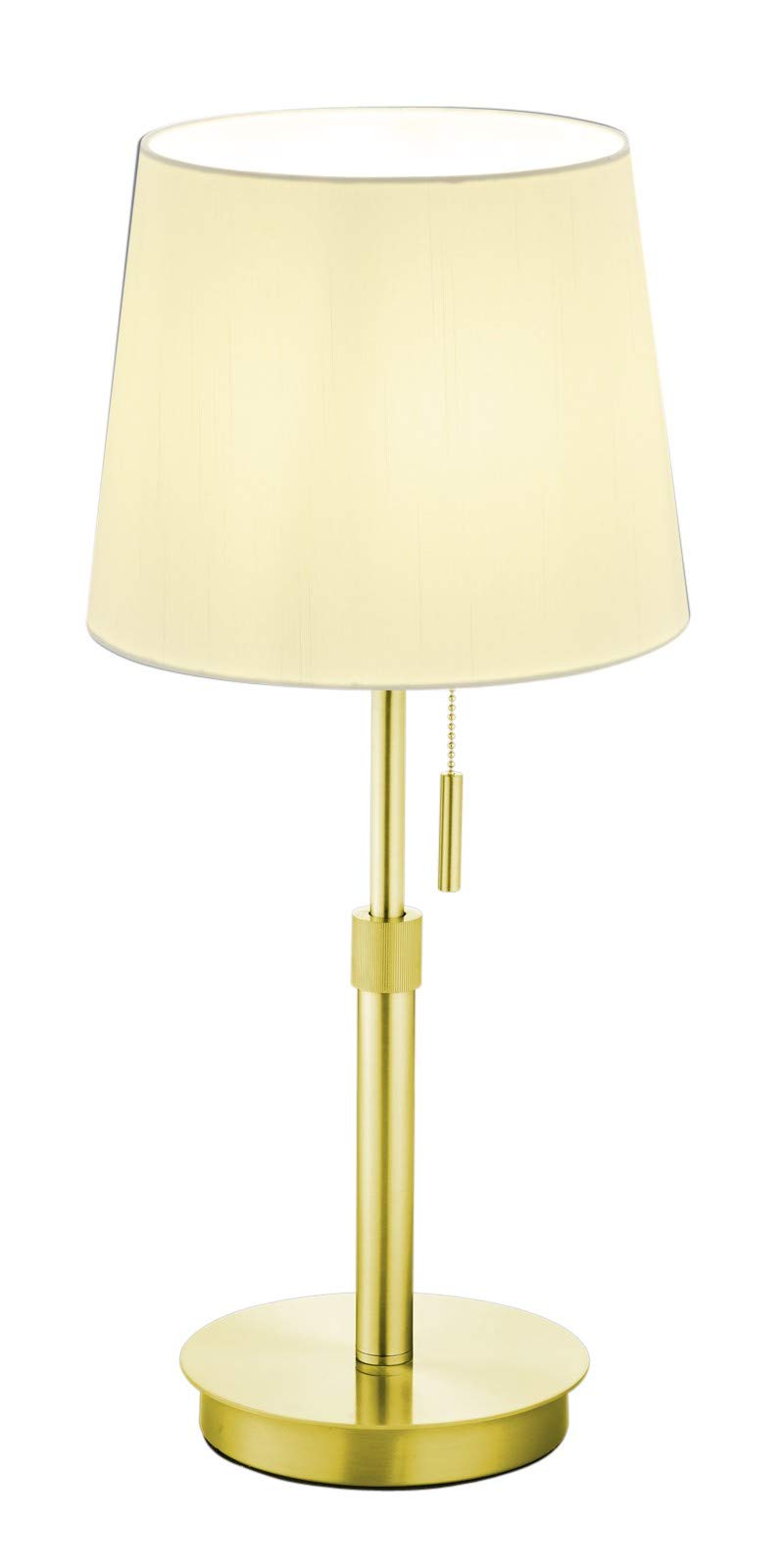 Trio Leuchten Moderne Tischlampe LYON mit verstellbarem Fuß in Messing matt, Stoffschim in Weiß und Zugschalter