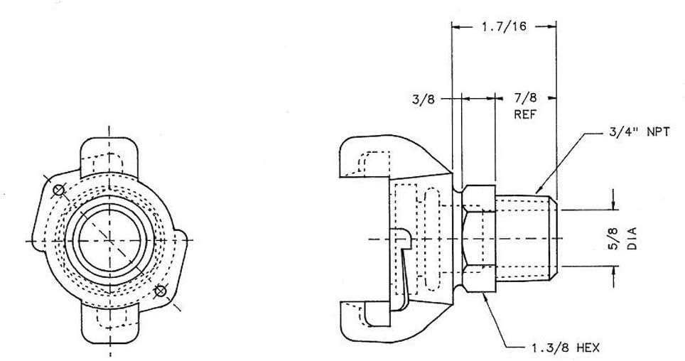 Technical drawing of the Dixon Air King AM7 fitting, showing front and side views with dimensions including 3/4 inch NPT thread, 1.3/8 inch hex, and overall length.