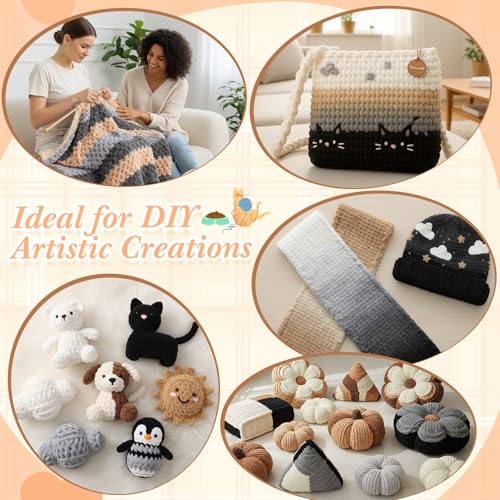 Image of Buryeah 8 Packs #5 Skinny Chenille Yarn for Hand Knitting Crocheting 50g /1.76oz Thin Soft Chunky Plush Beginner Yarn Size 5 for Crochet Small Plush DIY Crafts Blankets, 480 yd Total(Classic Neutrals)