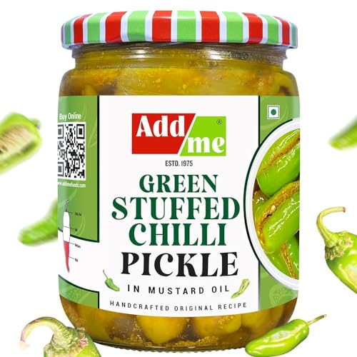 Image of Add me Rajasthani bharwa mirch Stuffed green Chilli Pickle 500gm Athana hari mirchi ka achar Pickles Glass Pack | Spicy & Tangy Homemade Achar (500g) All-Natural Ingredients.
