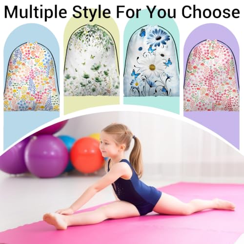 Image of Green Floral Drawstring Bag Butterfly Print Gym Pouch Bags for Storage Cloth Shoes