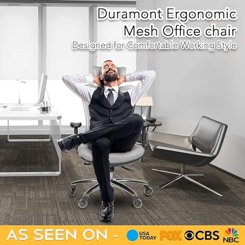 Image of Duramont Ergonomic Office Chair - Adjustable Desk Chair with Lumbar Support and Rollerblade Wheels - High Back Chairs with Breathable Mesh - Thick Seat Cushion, Head, and Arm Rests - Gray