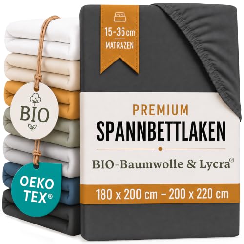NJORDE Spannbettlaken 180x200cm-200x220cm Anthrazit - 40cm Steg - Baumwolle | Für Boxspringbetten - Matratzen bis 35cm Höhe aus BIO Baumwolle.