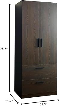 Brook 2-Door Wood Closet w/2-Drawers & Hanging Bars in Dark Brown