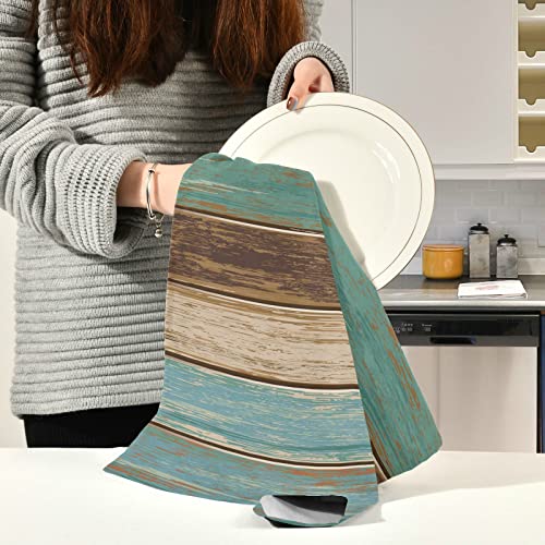 Teal Green Brown Wood Texture Kitchen Towel, Dish Towels Quick Drying Tea Towels Absorbent Hand Towels For Kitchen Sink Dinner Table 28 X 18 Inches, Set Of 1 #TOP5