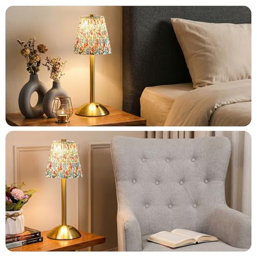 Image of Liliful 2 Pcs Cordless Table Lamp Rechargeable Touch LED Small Gold Portable Battery Operated USB-c Desk Lamp 3 Color Dimmable for Bedroom Living Room Dining (Gold,Floral Style)