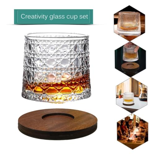 Image of Spinny Whiskey Glasses Set | Rotatable Heavy Base Tumbler Crystal Glass Cups, Glasses with Creative Coasters | Perfect for Scotch, Bourbon, Juice, Water, Cocktails (150 ml - Design D with Coaster)