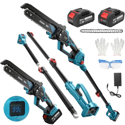 Motosierra de 8 pulgadas con barra de extensión de 8,5 pies, 2 pilas, motor sin escobillas, aceite de cadena automático, motosierra eléctrica para madera de jardín, tijeras de árbol, corte de madera