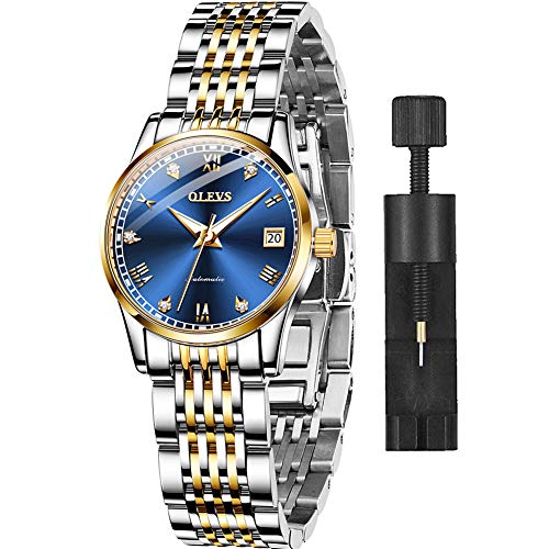 OLEVS Automatic Self Winding Watches for Women Stainless Steel Mechanical Watches Luxury Dress Women's Wrist Watches Day Date Roman Numerals Small Face Ladies Swiss Watches Blue Face,reloj de Mujer