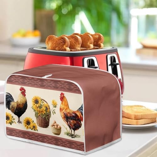 Image of Kitchen Toaster Dust Cover Bakeware Protector Compatible with 4 Slice Toaste Dust Protection Cover with Top Hook Rustic Rooster Sunflower Print