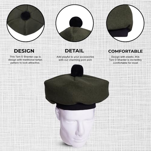 Image of Scottish Tam O' Shanter Hat Tartan Bonnet Pom Pom Wool Flat Cap One Size