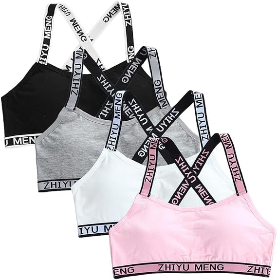 Young Girls' Cotton Training Bras 4 Pack Removable Pads X-Back Crop Tops Sports Bra for Ages 7-12 Comfortable & Supportive Underwear Set, One Size