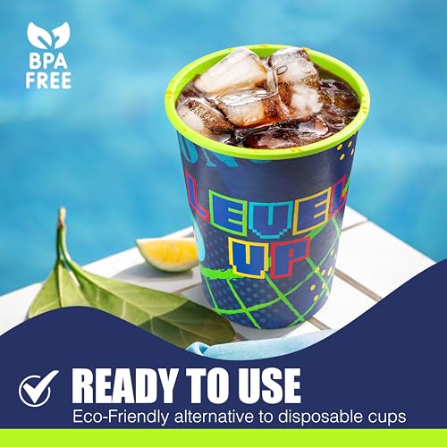 Amscan Pack of 12 Reusable 16 oz Plastic Cups – Durable Party Cups for Kids, Stackable and BPA-Free – Fun Level Up Gaming Theme Design for Birthdays, Parties, Summer & More by Amscan - Image 4