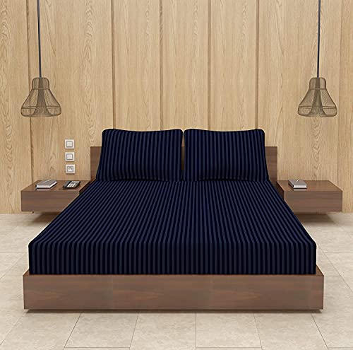 Image of BEVI - Home Premium Self Striped Double King Bedsheet with 2 Pillow Covers 300 TC Ultra-Soft 300 TC Microfiber Bed Sheet| Size (90 inch x 100 inch) Navy Blue
