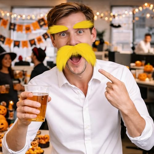 Yellow Mustache and Eyebrows, Funny Cosplay Costume Accessories, Reusable Stick-on Fake Beard Mustaches Bushy Eyebrows for Dressup Day Halloween Party Favors Men Women 1