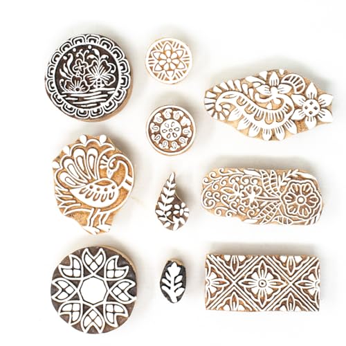 Image of Hashcart Wooden Indian Traditional Design Printing Stamps / Blocks for Printing Saree Border / Dresses / Craft Card Making / Scrapbook / Clay Pottery (Set of 10)