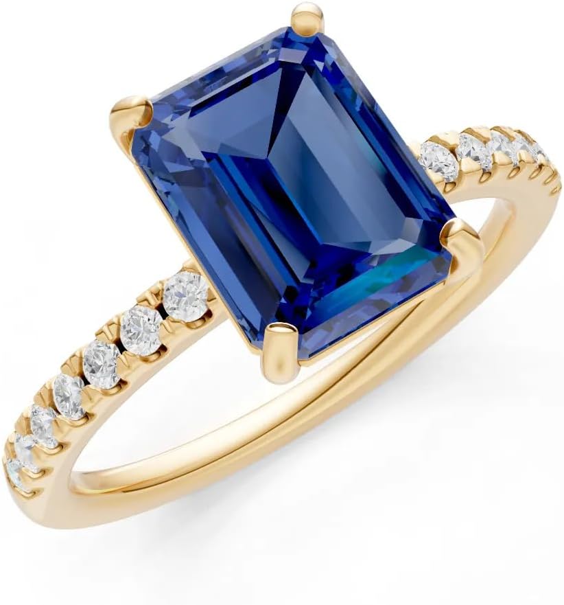 PEORA Emerald Cut Cut Blue Sapphire Solitaire Band Available in Solid 10K, 14K or 18K Ring – White, Yellow or Rose Gold