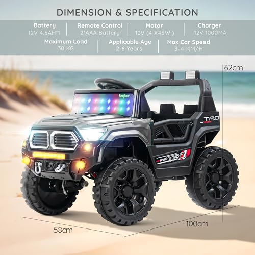 Image of Baybee Trojan Battery Operated Jeep for Kids with RGB Windshield Light, Bluetooth, USB & Music | Baby Big Ride on Battery Car| Electric Jeep Car for Kids to Drive for 2 to 6 Years Boys Girls (Grey)