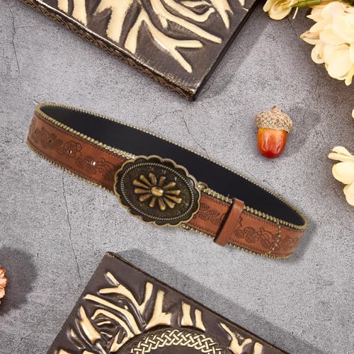 40.55 x 1.5 Inch Country Western PU Leather Belt with Retro Oval Flower Alloy Buckle Brown Adjustable Vintage Cowboy Cowgirl Embossed Waist Belt for Men Women Jeans Pants3
