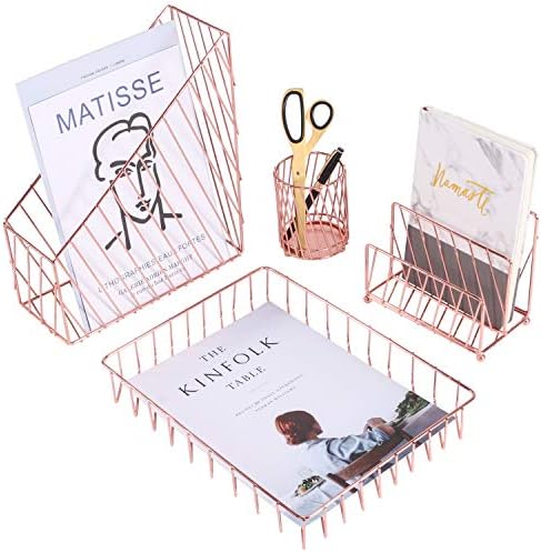 Nugorise 4 in 1 Desk Accessories Organizer, File Holder, Mail Sorter, Pen Holder and Paper Tray, Decorative Wire Home Office Supplies Storage Rack, Gold